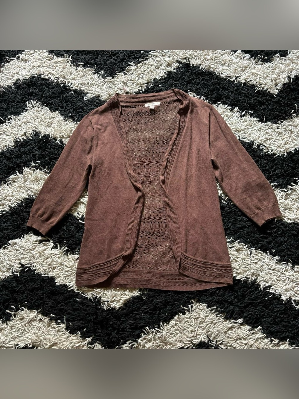 Roz & Ali Boho Brown Semi Sheer Knit 3/4 Sleeve Open Front Cardigan